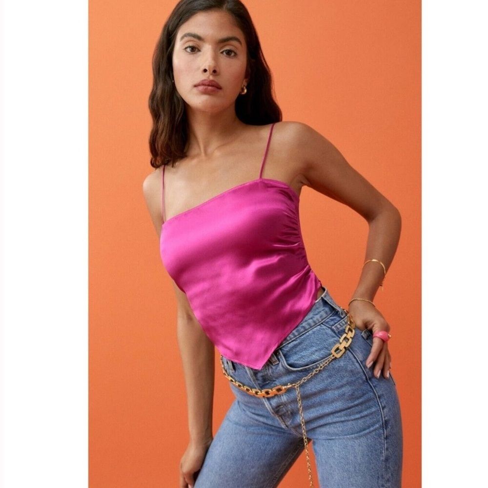 Reformation Gruyere 100% Silk Hot Pink Bandana Y2K Fitted Cami Top Size 10 - Picture 7 of 10
